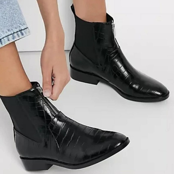 Stradivarius Croc Embossed Stud Booties Ankle Boots 40 9 9.5‎ Black Zip Top - Picture 1 of 12